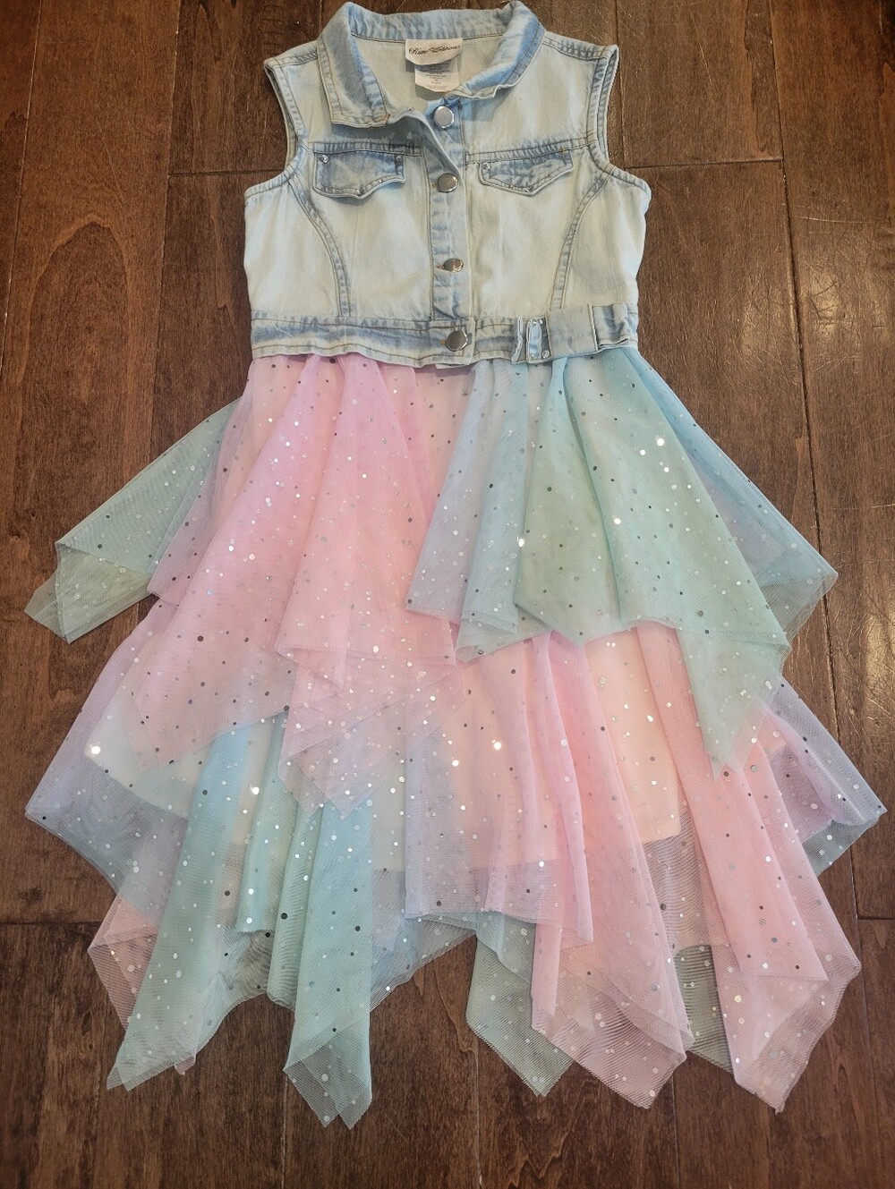 Girls Denim Bodice Pastel Tulle Layered Dress - Size 7